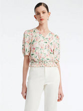 GOELIA Summer Vacation Floral Print V-Neck Silk Loose Women Blouse